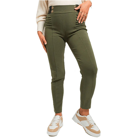 NEW LADIES SMART LOOK BUTTONS RIBBED DETAIL PONTE TROUSERS WOMEN STRETCHY PANTS