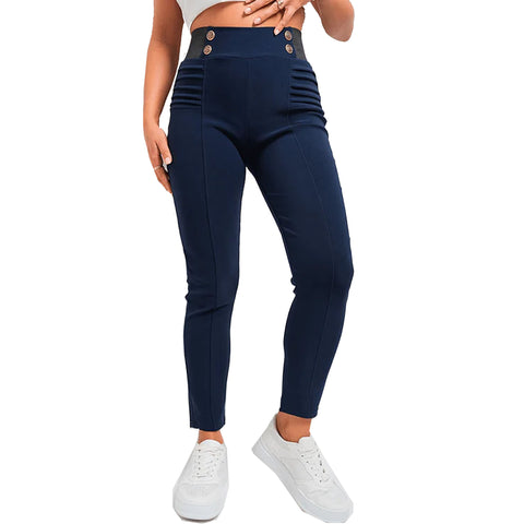 NEW LADIES SMART LOOK BUTTONS RIBBED DETAIL PONTE TROUSERS WOMEN STRETCHY PANTS