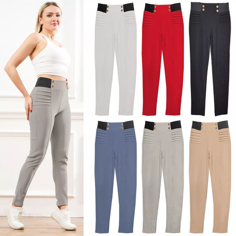 NEW LADIES SMART LOOK BUTTONS RIBBED DETAIL PONTE TROUSERS WOMEN STRETCHY PANTS