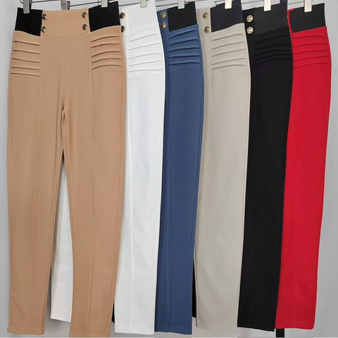 NEW LADIES SMART LOOK BUTTONS RIBBED DETAIL PONTE TROUSERS WOMEN STRETCHY PANTS