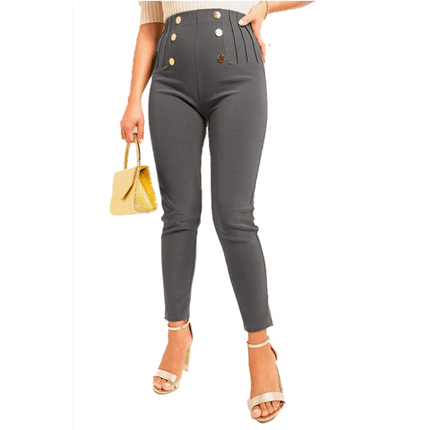 NEW LADIES CLASSIC PLEAT HIGH WAIST GOLD BUTTON TROUSERS WOMENS STRETCH PANTS