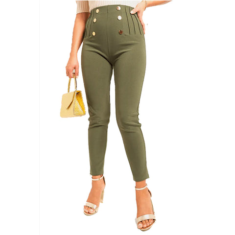 NEW LADIES CLASSIC FIT GOLD BUTTON SEAM TROUSERS WOMENS HIGH WAIST STRETCH PANTS