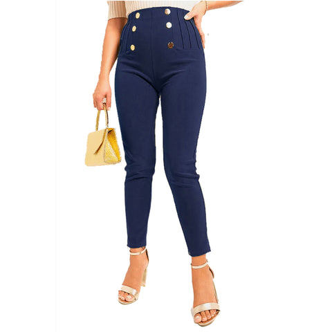 NEW LADIES CLASSIC PLEAT HIGH WAIST GOLD BUTTON TROUSERS WOMENS STRETCH PANTS