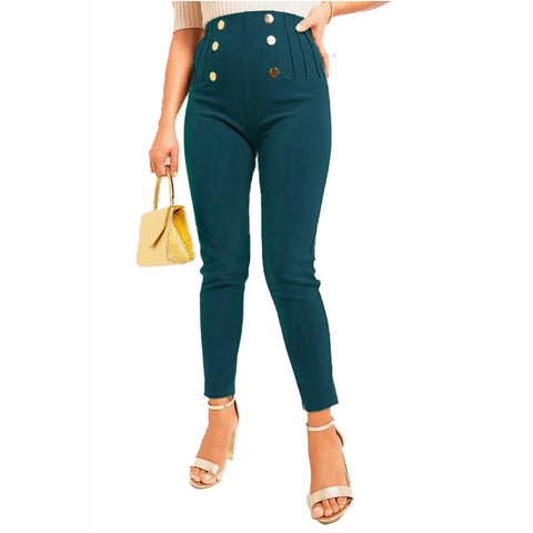 NEW LADIES CLASSIC FIT GOLD BUTTON SEAM TROUSERS WOMENS HIGH WAIST STRETCH PANTS