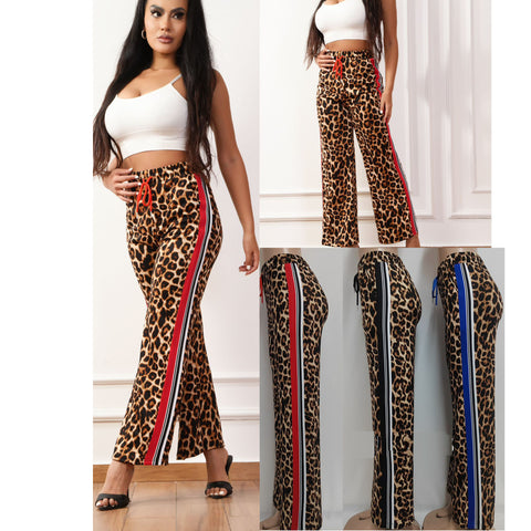 Womens Ladies Palazzo Trousers Leopard Animal Print High Waist Bottoms Pants