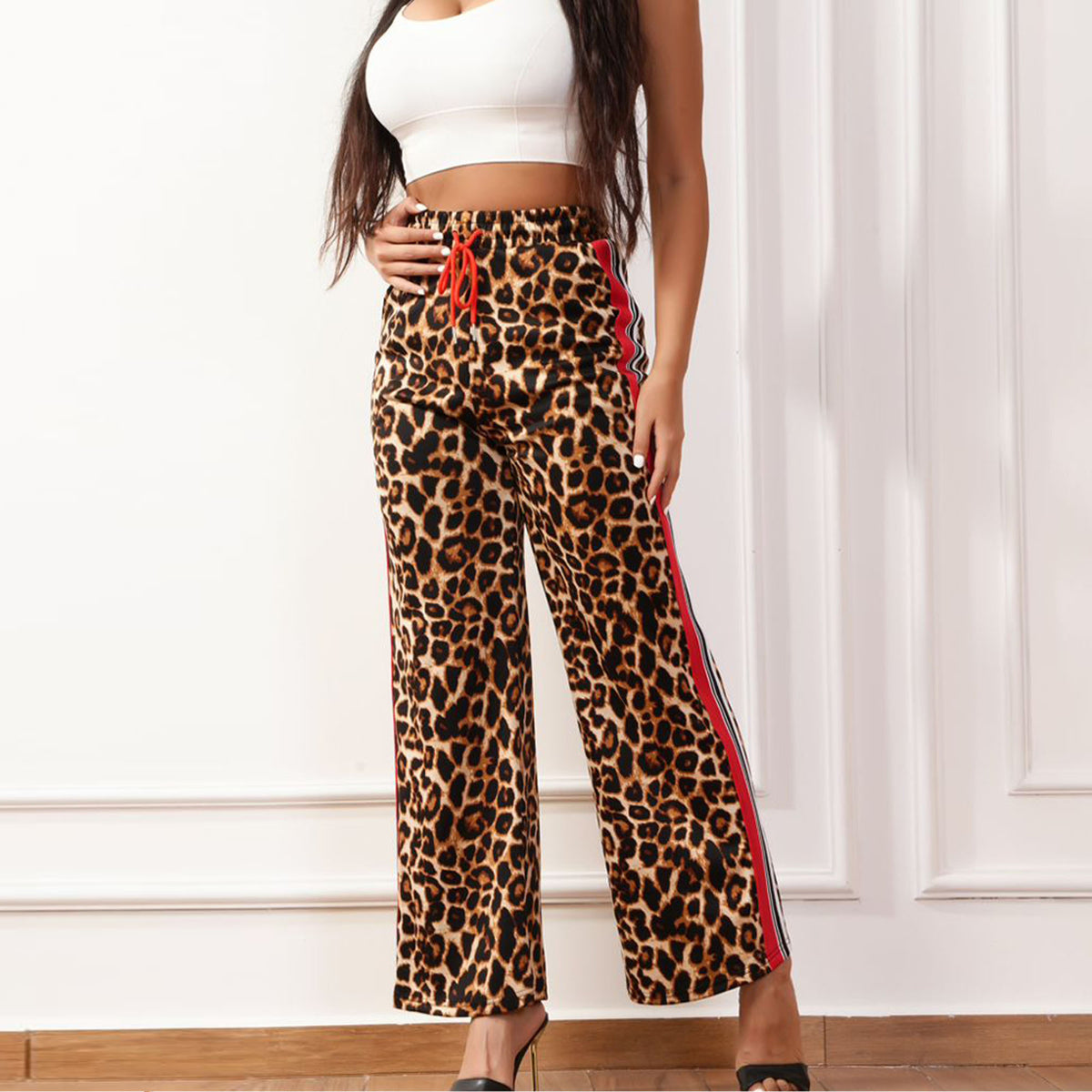 Womens Ladies Palazzo Trousers Leopard Animal Print High Waist Bottoms Pants