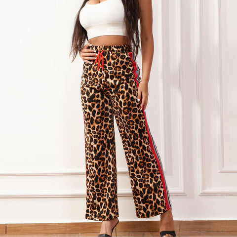 Womens Ladies Palazzo Trousers Leopard Animal Print High Waist Bottoms Pants