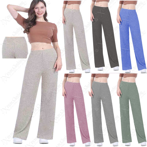 LADIES THICK KNIT RIBBED WARM WIDE LEG PALAZZO TROUSER WOMEN BOTTOMS STRETCH RIB