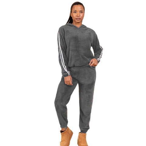NEW LADIES SOFT FEEL FLUFFY HOOD TOP & BOTTOM SUIT COSY WARM LOUNGEWEAR HOME SET