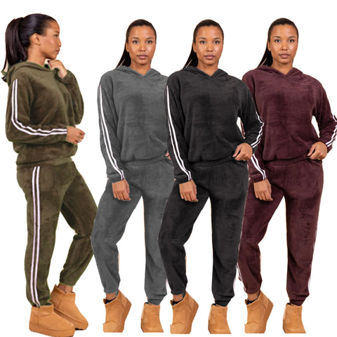 NEW LADIES SOFT FEEL FLUFFY HOOD TOP & BOTTOM SUIT COSY WARM LOUNGEWEAR HOME SET