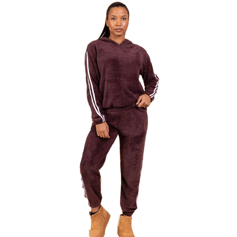 NEW LADIES SOFT FEEL FLUFFY HOOD TOP & BOTTOM SUIT COSY WARM LOUNGEWEAR HOME SET