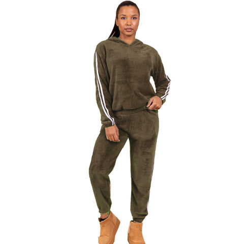 NEW LADIES SOFT FEEL FLUFFY HOOD TOP & BOTTOM SUIT COSY WARM LOUNGEWEAR HOME SET