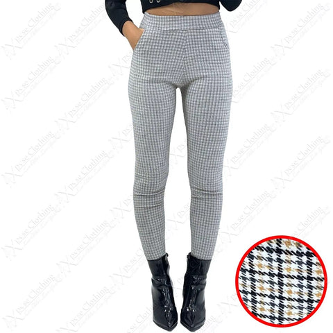 NEW LADIES HOUNDSTOOTH CHECK TROUSERS PANTS WOMENS SLIM FIT SMART LOOK WORK POCKETS
