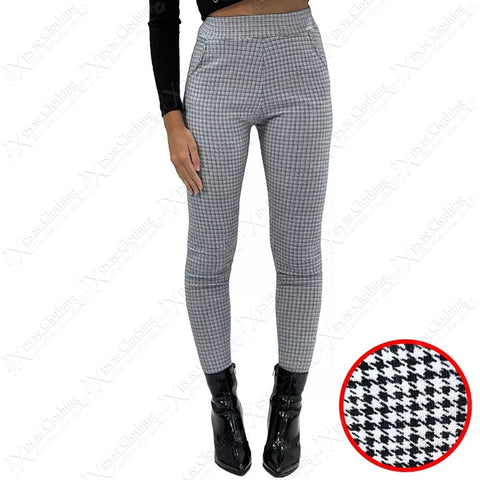 NEW LADIES HOUNDSTOOTH CHECK TROUSERS PANTS WOMENS SLIM FIT SMART LOOK WORK POCKETS