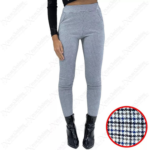 NEW LADIES HOUNDSTOOTH CHECK TROUSERS PANTS WOMENS SLIM FIT SMART LOOK WORK POCKETS