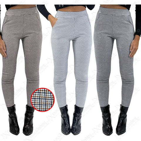 NEW LADIES HOUNDSTOOTH CHECK TROUSERS PANTS WOMENS SLIM FIT SMART LOOK WORK POCKETS