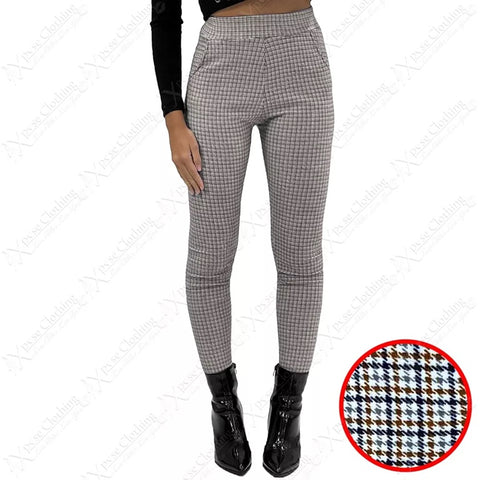 NEW LADIES HOUNDSTOOTH CHECK TROUSERS PANTS WOMENS SLIM FIT SMART LOOK WORK POCKETS