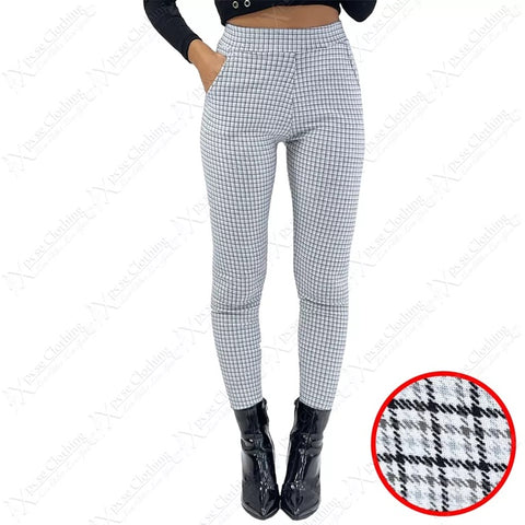 NEW LADIES HOUNDSTOOTH CHECK TROUSERS PANTS WOMENS SLIM FIT SMART LOOK WORK POCKETS
