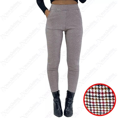 NEW LADIES HOUNDSTOOTH CHECK TROUSERS PANTS WOMENS SLIM FIT SMART LOOK WORK POCKETS