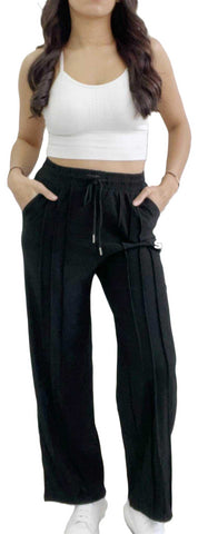 NEW LADIES WOMENS PLAIN and SEAM FRONT WIDE LEG JOGGERS BOTTOMS TROUSER FLARE FIT PANTS