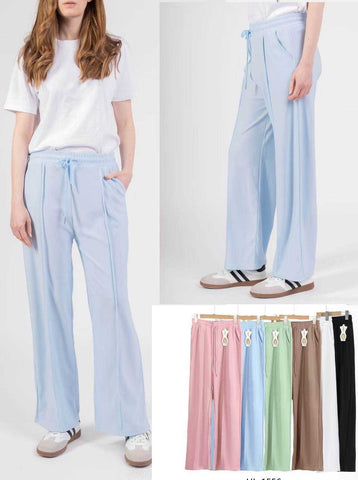NEW LADIES WOMENS PLAIN and SEAM FRONT WIDE LEG JOGGERS BOTTOMS TROUSER FLARE FIT PANTS