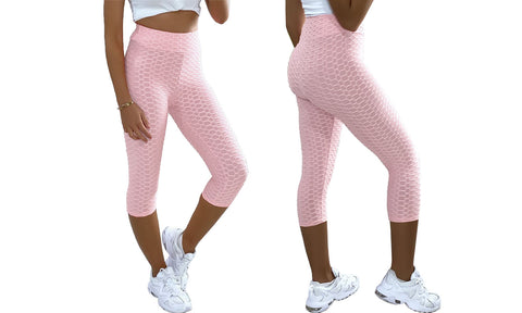 LADIES ANTI CELLULITE TEXTURED HIGH WAIST CAPRI 3/4 LENGTH YOGA GYM LEGGINGS