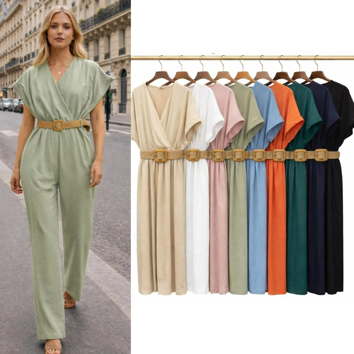 WOMENS V-NECK TOP BELT SMART LOOK JUMPSUIT LADIES LINEN ALL IN ONE TROUSER SUIT