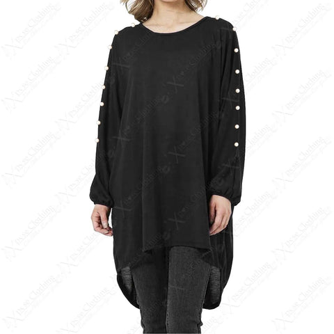 NEW PLUS SIZE LADIES PEARL DETAIL LONG TOP WOMENS BATWING LOOSE HILO HEM JUMPER