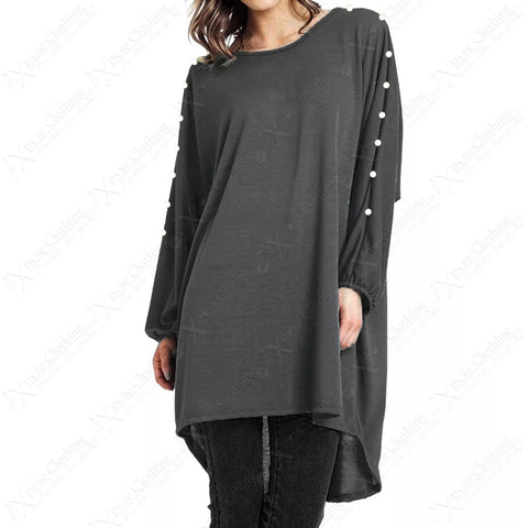 NEW PLUS SIZE LADIES PEARL DETAIL LONG TOP WOMENS BATWING LOOSE HILO HEM JUMPER