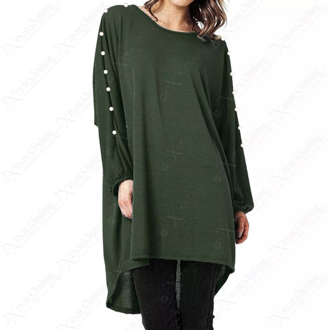 NEW PLUS SIZE LADIES PEARL DETAIL LONG TOP WOMENS BATWING LOOSE HILO HEM JUMPER
