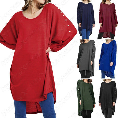 NEW PLUS SIZE LADIES PEARL DETAIL LONG TOP WOMENS BATWING LOOSE HILO HEM JUMPER