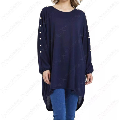 NEW PLUS SIZE LADIES PEARL DETAIL LONG TOP WOMENS BATWING LOOSE HILO HEM JUMPER