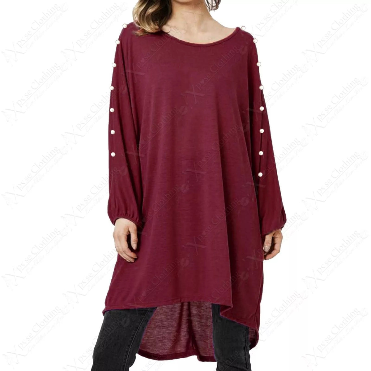 NEW PLUS SIZE LADIES PEARL DETAIL LONG TOP WOMENS BATWING LOOSE HILO HEM JUMPER