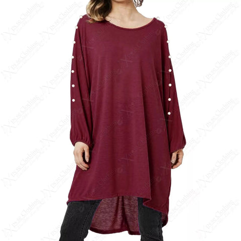 NEW PLUS SIZE LADIES PEARL DETAIL LONG TOP WOMENS BATWING LOOSE HILO HEM JUMPER