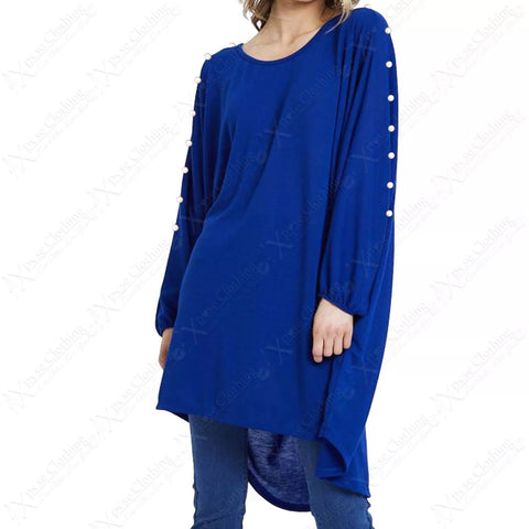 NEW PLUS SIZE LADIES PEARL DETAIL LONG TOP WOMENS BATWING LOOSE HILO HEM JUMPER