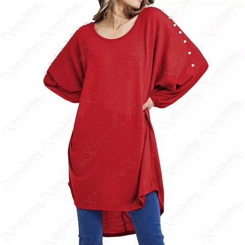 NEW PLUS SIZE LADIES PEARL DETAIL LONG TOP WOMENS BATWING LOOSE HILO HEM JUMPER