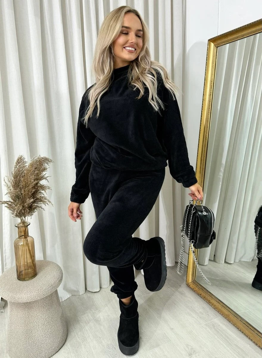 NEW LADIES VELOUR FLUFFY JOGGER TOP C0-ORD SUIT COSY WARM TRAVEL LOUNGEWEAR SET