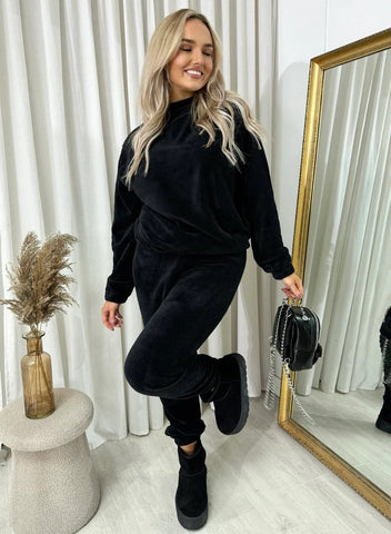 NEW LADIES VELOUR FLUFFY JOGGER TOP C0-ORD SUIT COSY WARM TRAVEL LOUNGEWEAR SET