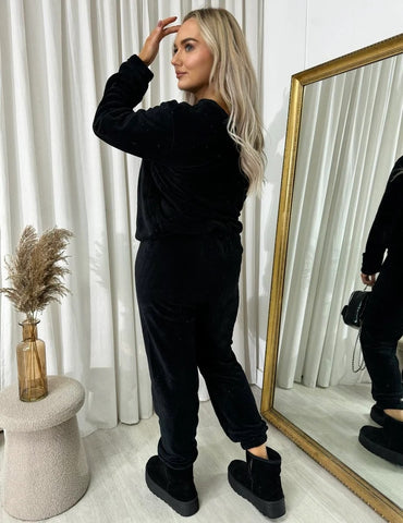 NEW LADIES VELOUR FLUFFY JOGGER TOP C0-ORD SUIT COSY WARM TRAVEL LOUNGEWEAR SET