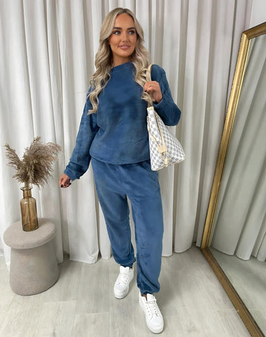 NEW LADIES VELOUR FLUFFY JOGGER TOP C0-ORD SUIT COSY WARM TRAVEL LOUNGEWEAR SET