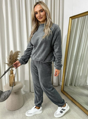 NEW LADIES VELOUR FLUFFY JOGGER TOP C0-ORD SUIT COSY WARM TRAVEL LOUNGEWEAR SET