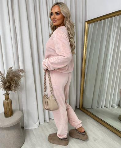 NEW LADIES VELOUR FLUFFY JOGGER TOP C0-ORD SUIT COSY WARM TRAVEL LOUNGEWEAR SET
