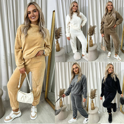 NEW LADIES VELOUR FLUFFY JOGGER TOP C0-ORD SUIT COSY WARM TRAVEL LOUNGEWEAR SET