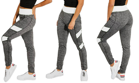 WOMEN GREY COLOURED PANELS LEGGINGS SPORT FITNESS WORKOUT YOGA STRETCH GYM PANTS