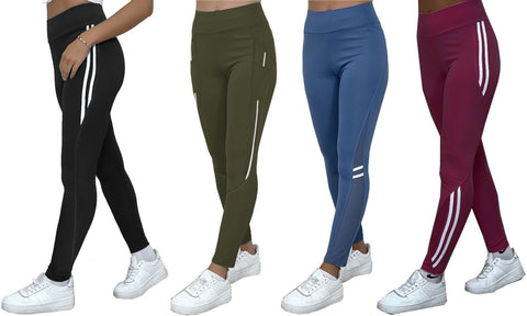 NEW LADIES MESH STRIPE DETAIL WITH POCKET HIGH WAIST GYM YOGA WORKOUT LEGGINGS