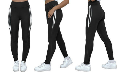 NEW LADIES MESH STRIPE DETAIL WITH POCKET HIGH WAIST GYM YOGA WORKOUT LEGGINGS