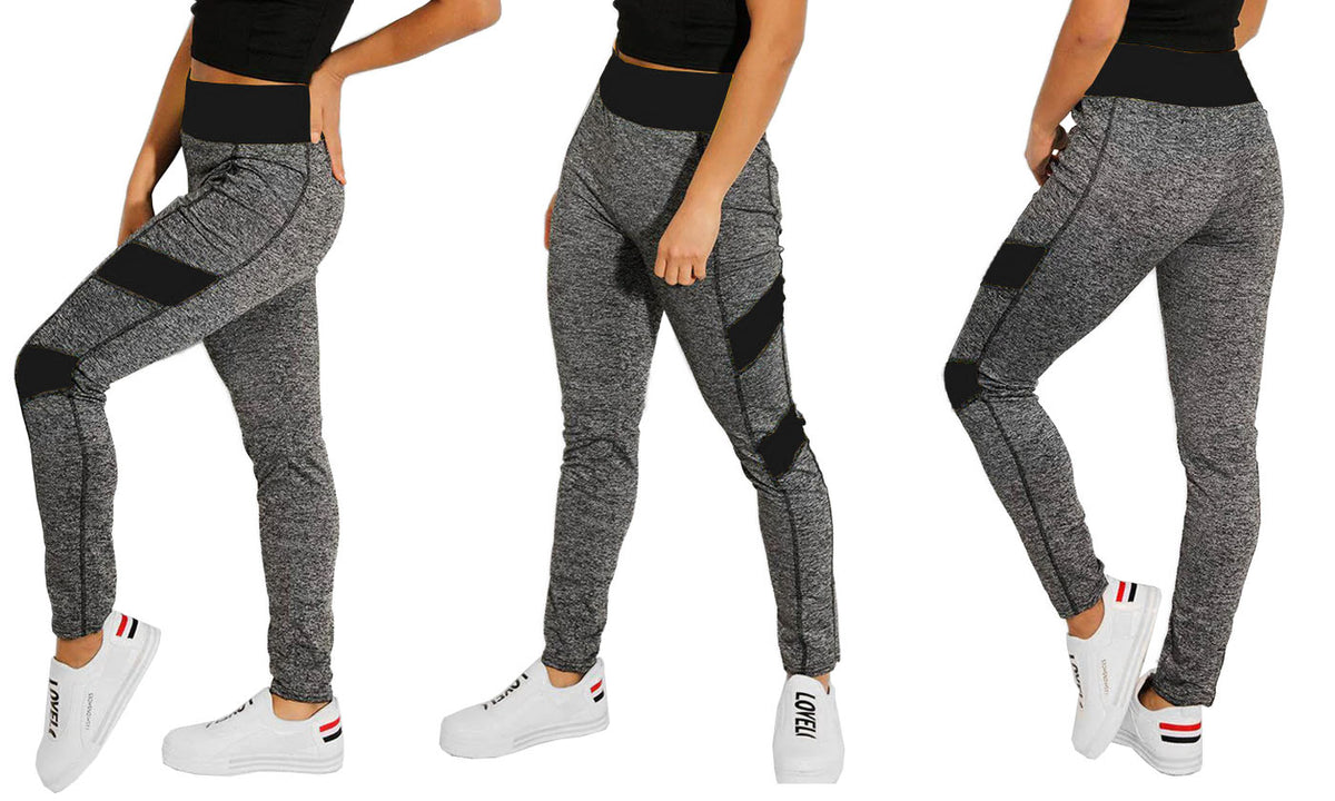 WOMEN GREY COLOURED PANELS LEGGINGS SPORT FITNESS WORKOUT YOGA STRETCH GYM PANTS