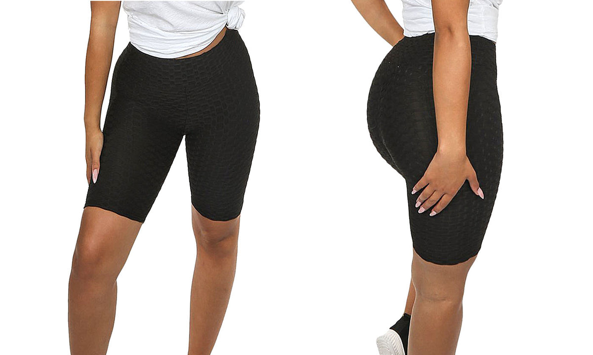 LADIES TEXTURED HONEYCOMB CYCLING SHORTS STRETCHY HIGH WAIST FITNESS YOGA GYM