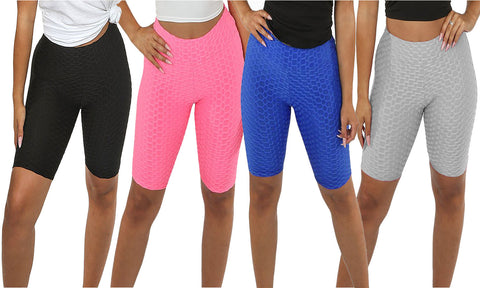 LADIES TEXTURED HONEYCOMB CYCLING SHORTS STRETCHY HIGH WAIST FITNESS YOGA GYM