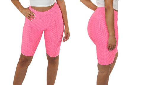 LADIES TEXTURED HONEYCOMB CYCLING SHORTS STRETCHY HIGH WAIST FITNESS YOGA GYM
